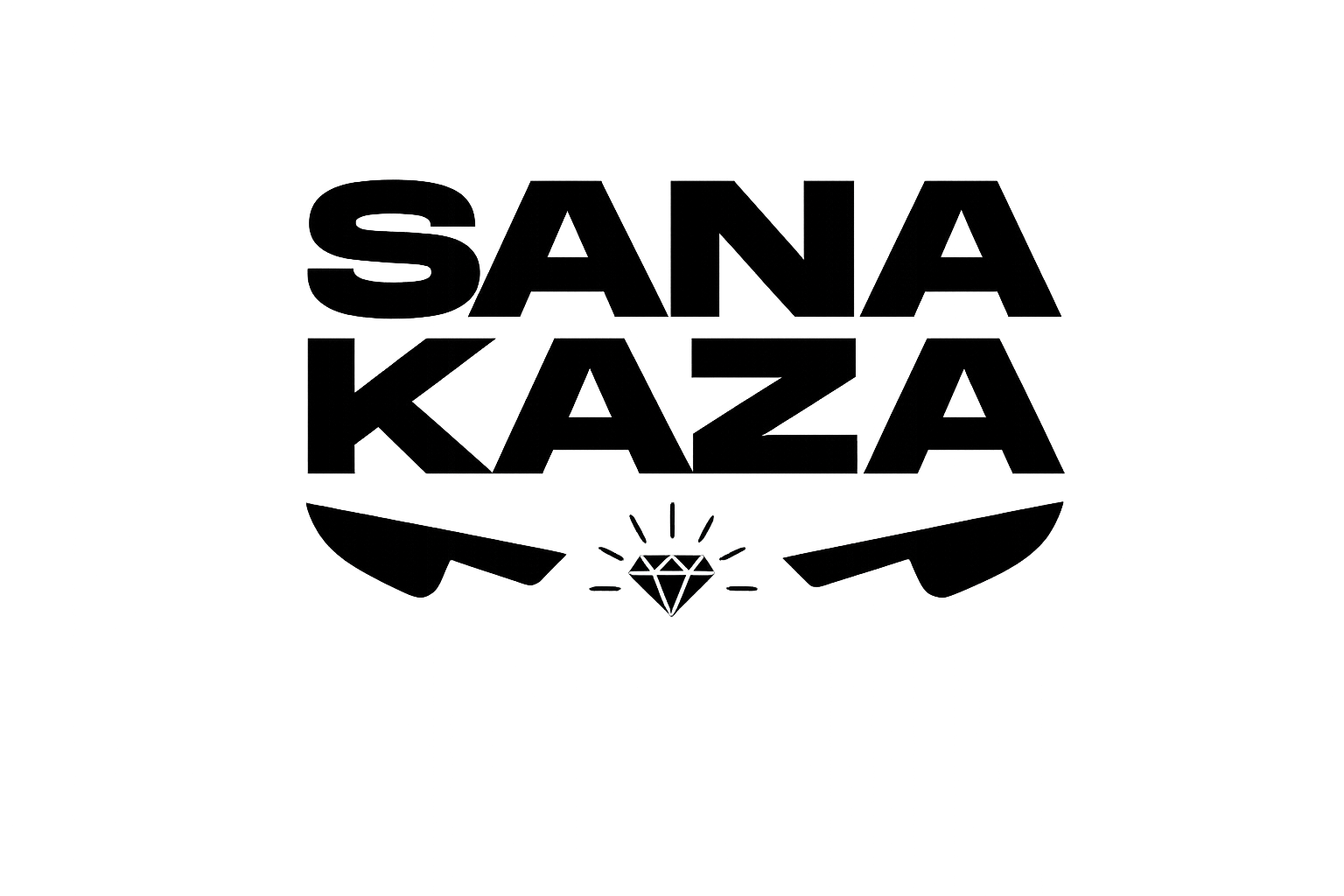 Logo officiel de Sanakaza : texte "SANA KAZA" en noir, surmontant un diamant stylisé encadré par deux silhouettes de couteaux japonais.