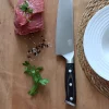 Couteau Santoku Sanakaza avec viande, persil et assiette blanche