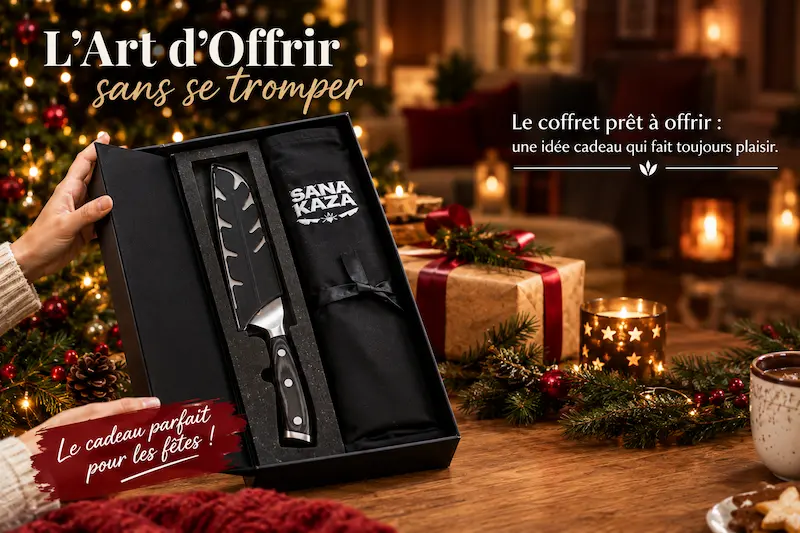 Coffret cadeau prêt à offrir Sanakaza Série Élégance avec couteau Santoku et tablier noir, une idée cadeau raffinée pour les fêtes