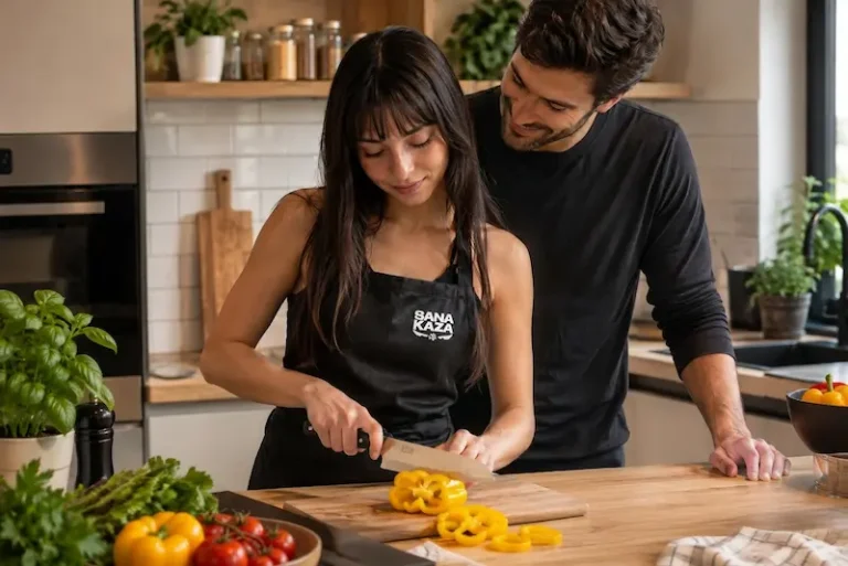 Idée cadeau couple cuisine : un couple cuisine ensemble avec le couteau Santoku et le tablier noir Sanakaza